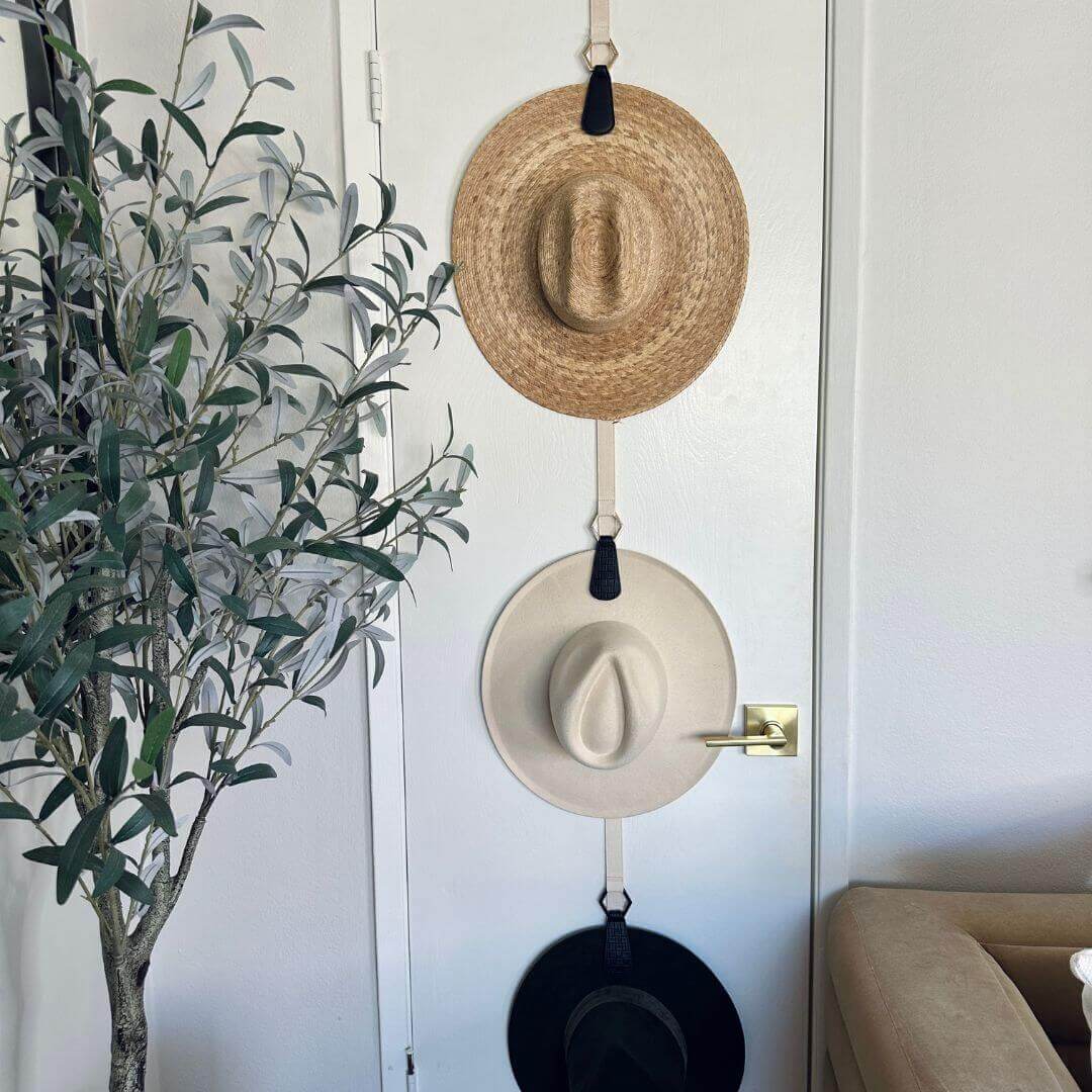 Three stylish hats hanging on a door, with a potted plant nearby, showcasing a chic organization solution.