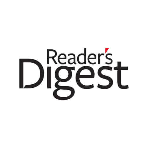 Reader's Digest logo on white background, representing the popular magazine known for lifestyle articles and tips.