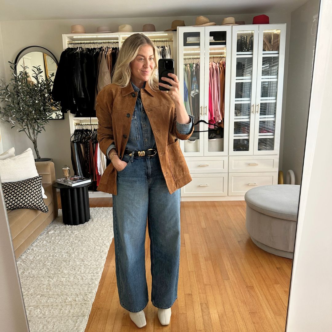 6 Fall Fashion Trends I’m Here For! featuring a stylish Lindsay Albanese in a brown suede jacket and denim outfit.