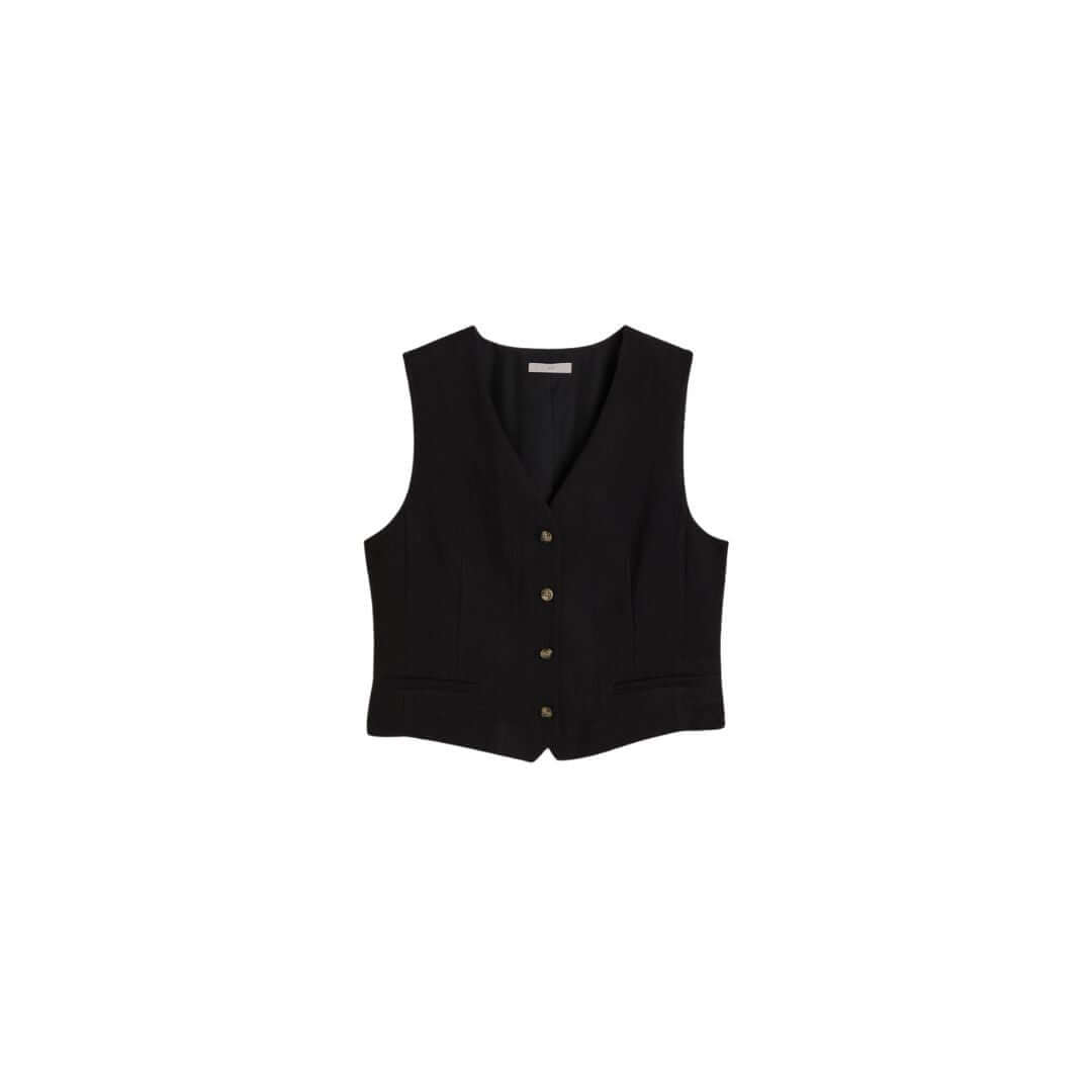 Black sleeveless vest with buttons, perfect for layering in both casual and formal styles.