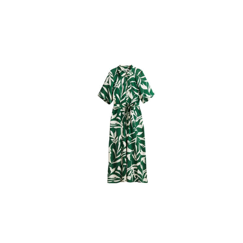 Green floral print dress featuring short sleeves and a belted waist for a stylish summer look.