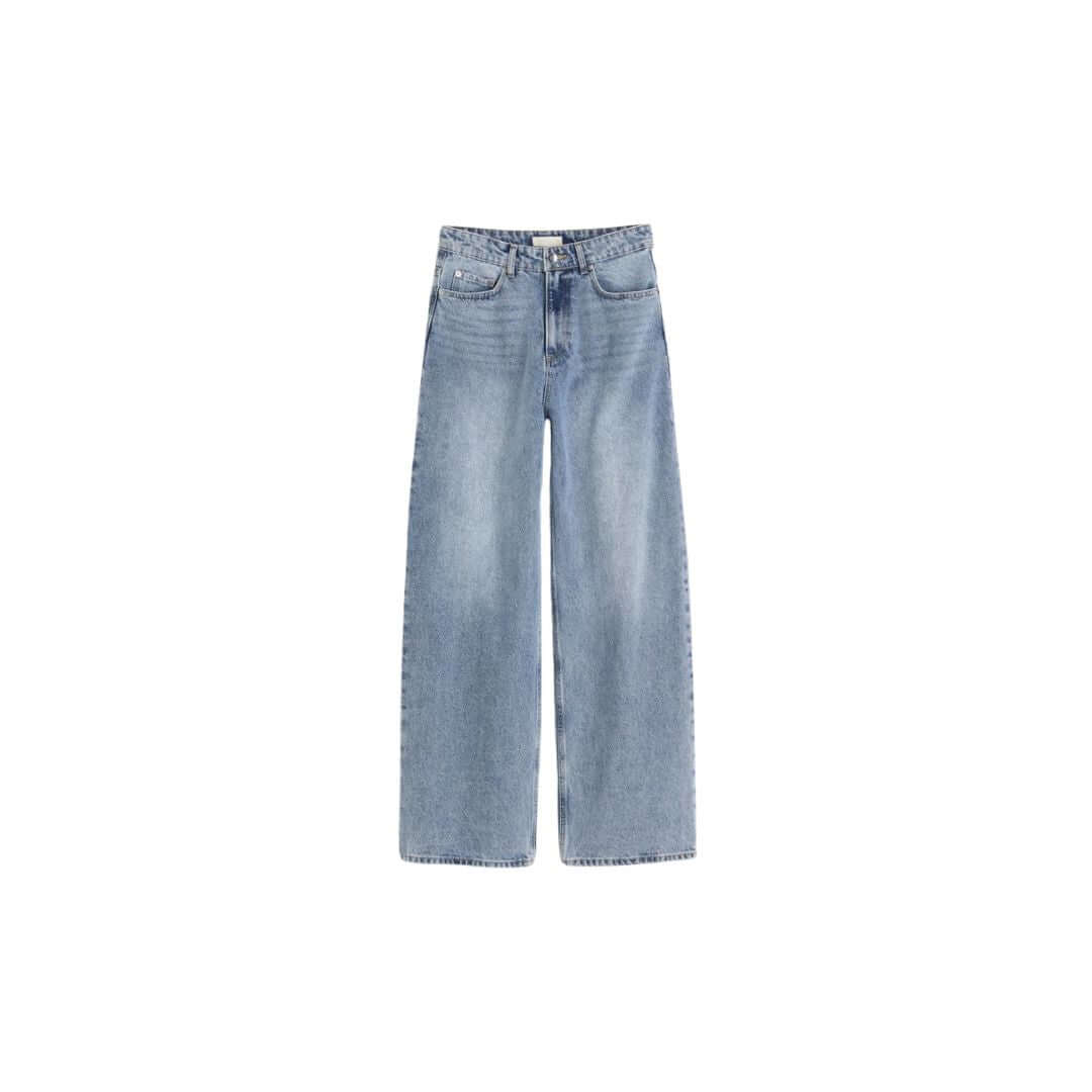 Light blue wide leg jeans with a high waist and classic five-pocket design.