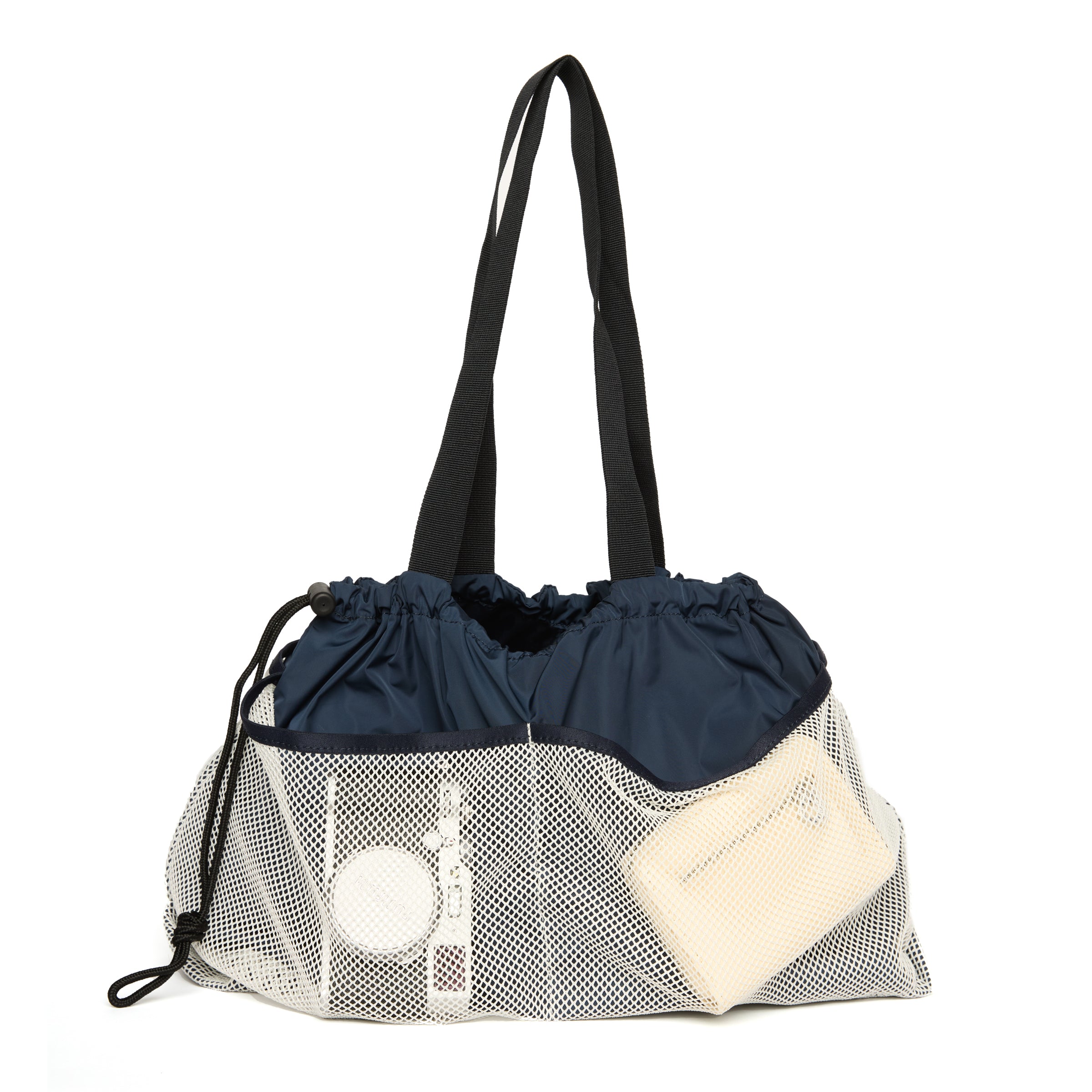 Drawstring bag with mesh side and black handle on a white background