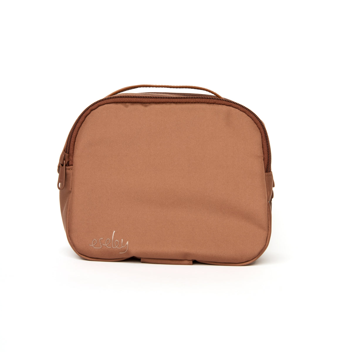 Leather Brown toiletry bag with a visible brand logo on a white background