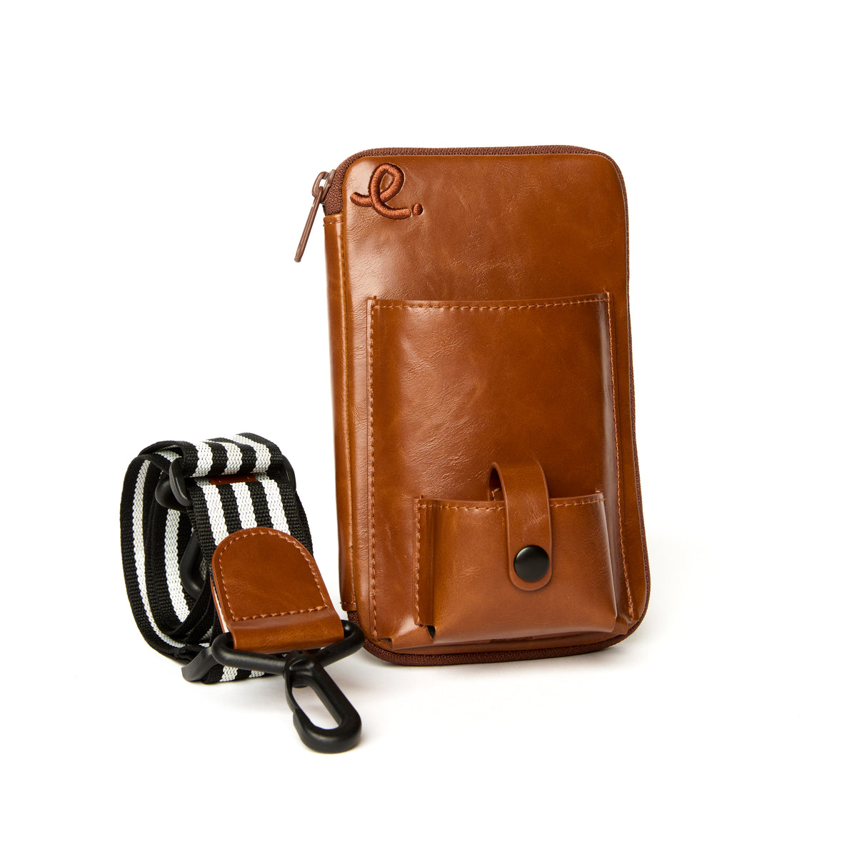 Brown leather pouch with a striped strap on a white background