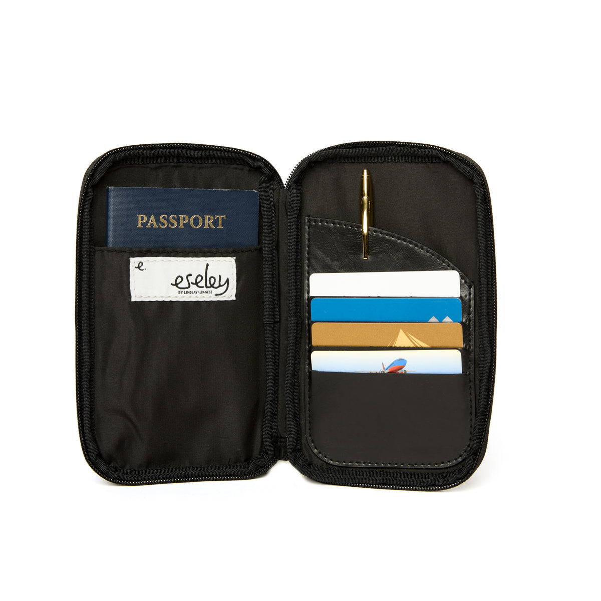 Black travel wallet with passport and cards on a white background