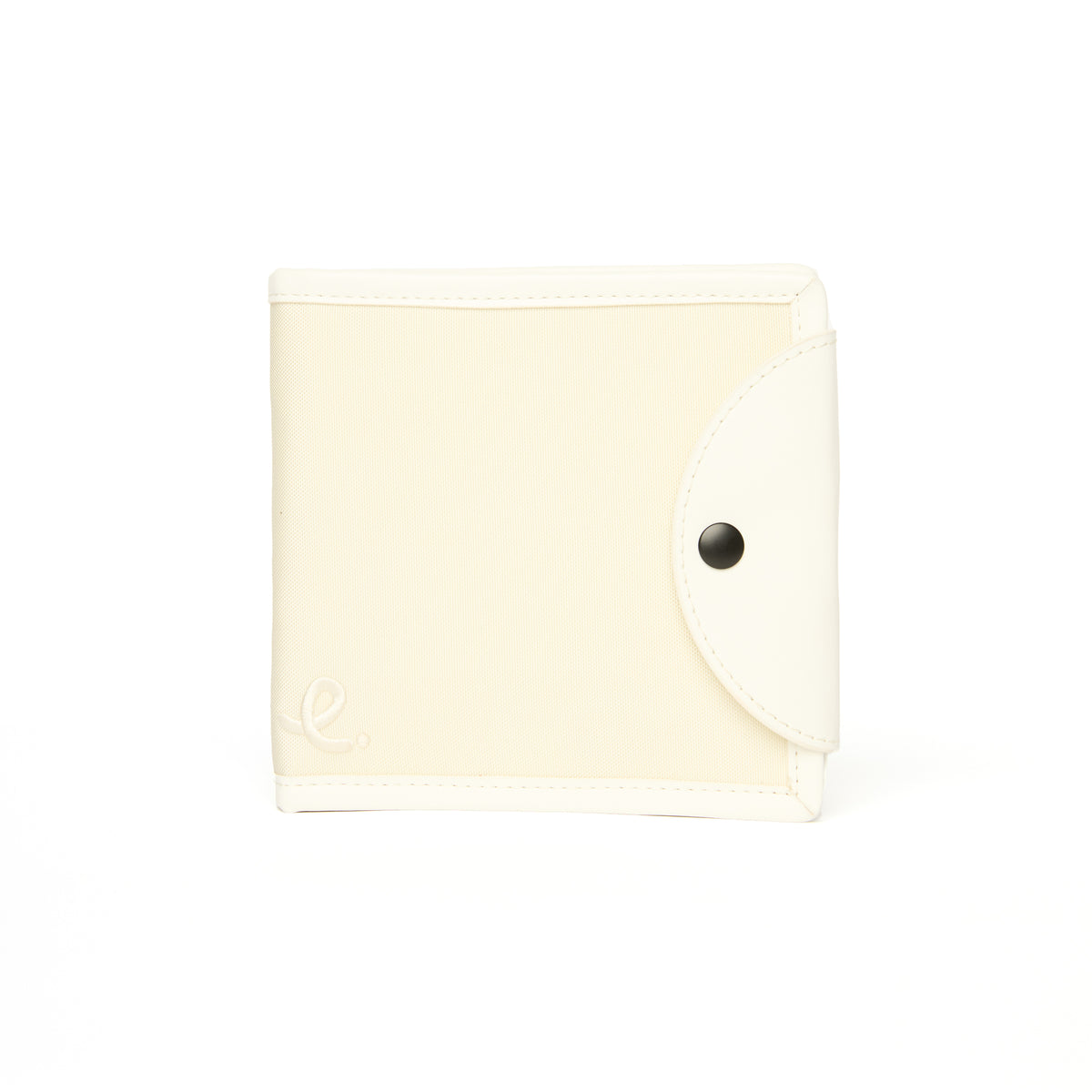 Cream-colored fabric pouch with a button on a white background