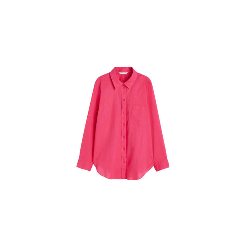 Bright pink long-sleeve button-up shirt with a single pocket, perfect for casual or semi-formal wear.
