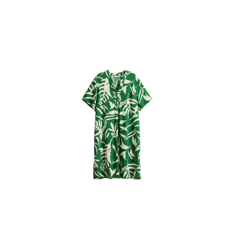 Green tropical print dress with short sleeves and a v-neckline, perfect for summer outfits.