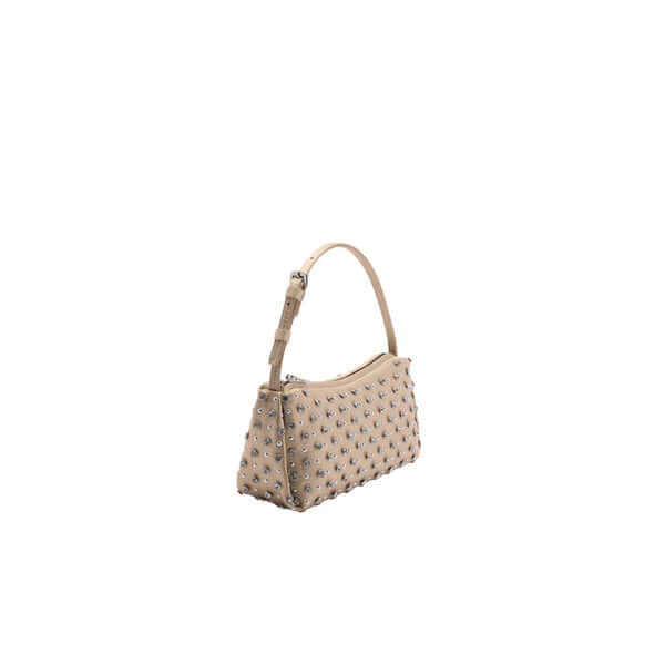 Stylish beige handbag with decorative studs and a shoulder strap, perfect for fashionable outings.