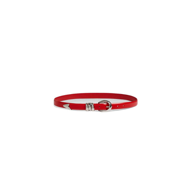 Stylish red leather belt with silver buckle, perfect for casual and formal outfits.