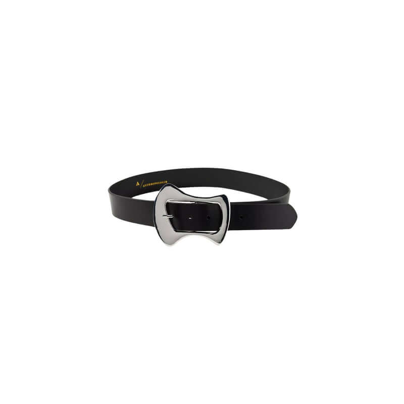 Stylish black leather belt with unique silver buckle design, perfect for enhancing any outfit.