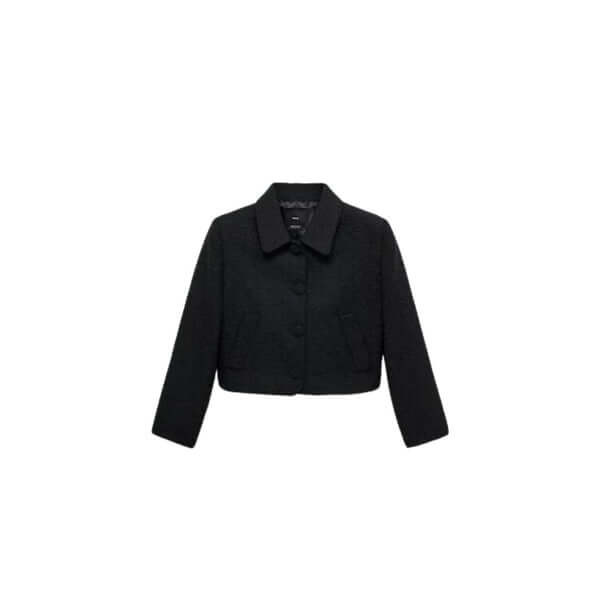 Stylish cropped black jacket with buttons and pockets, perfect for casual and formal occasions.