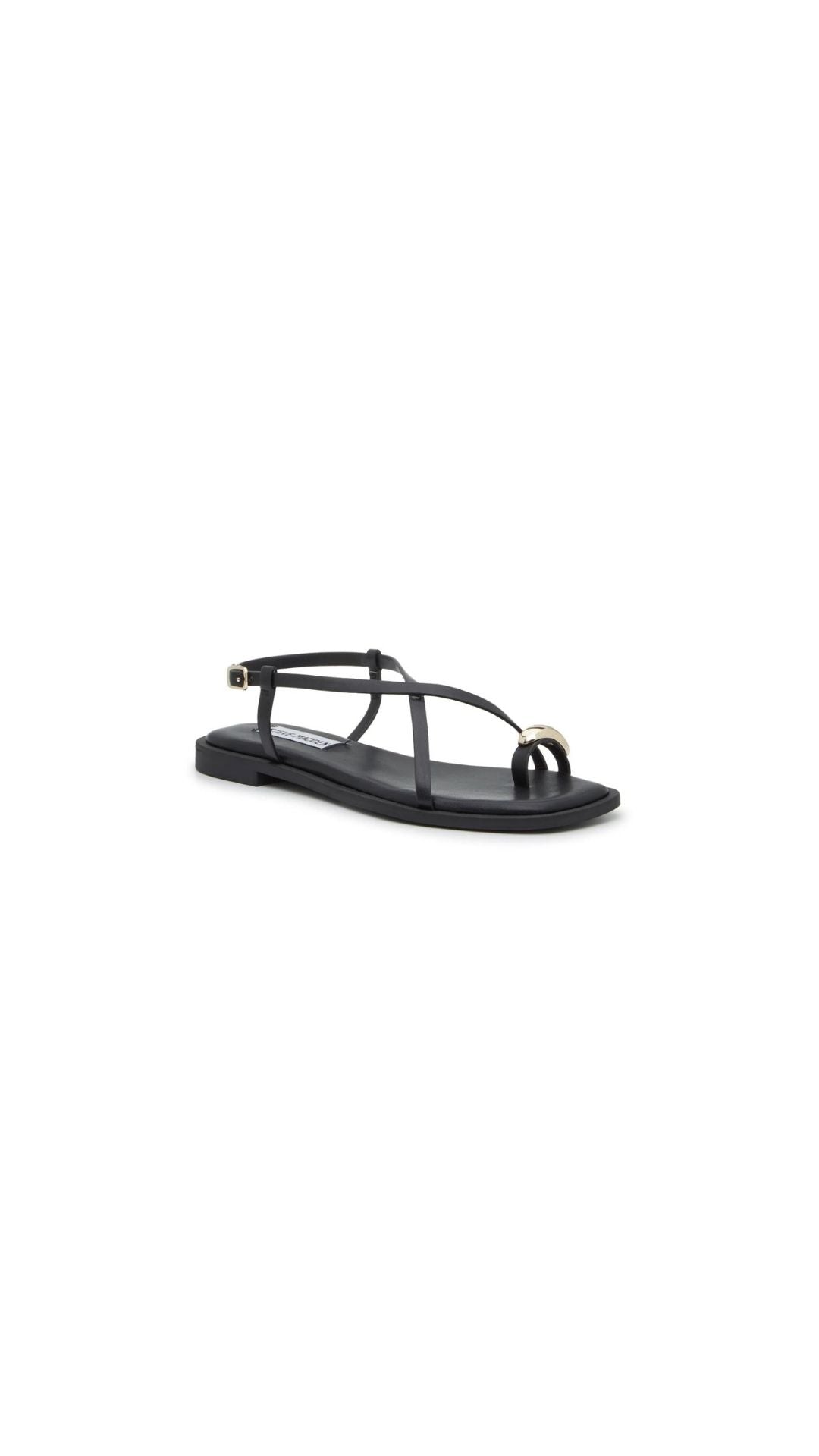 Stylish black flat sandals with thin straps and decorative gold accent.