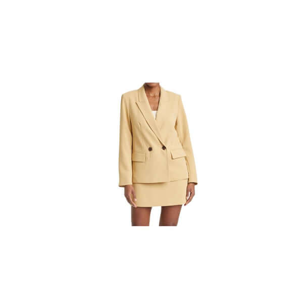 Stylish yellow blazer and skirt set on a model, perfect for chic office or formal wear.