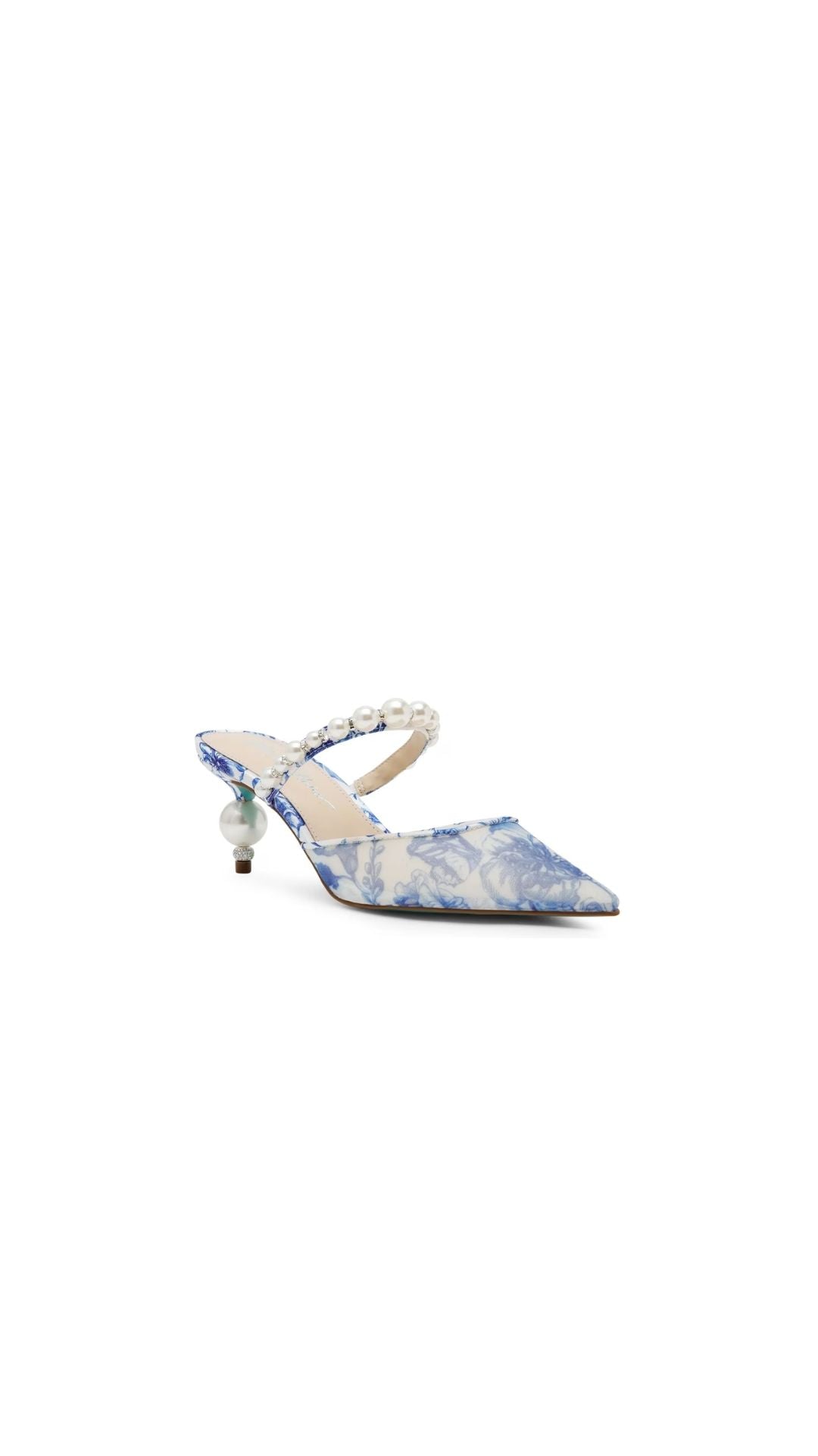 Blue marbled pointed toe slingback heels with pearl detailing on the strap, perfect for classy occasions.