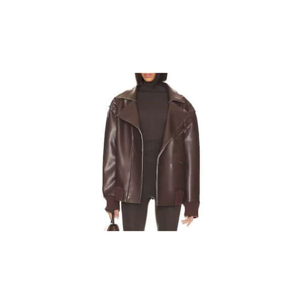 Stylish brown leather jacket paired with a black turtleneck, perfect for a trendy fall outfit.