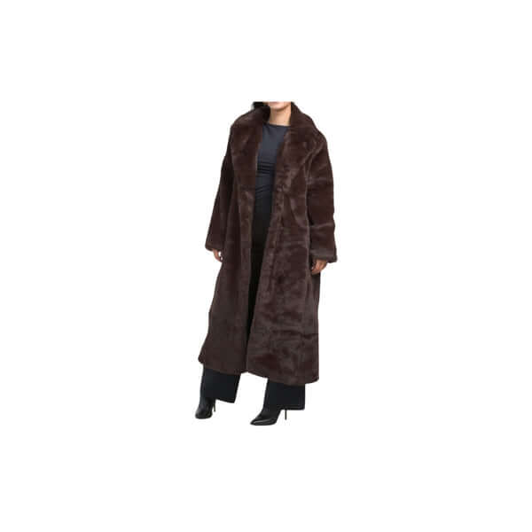 Elegant woman in a long brown fur coat, showcasing a stylish and luxurious winter look.