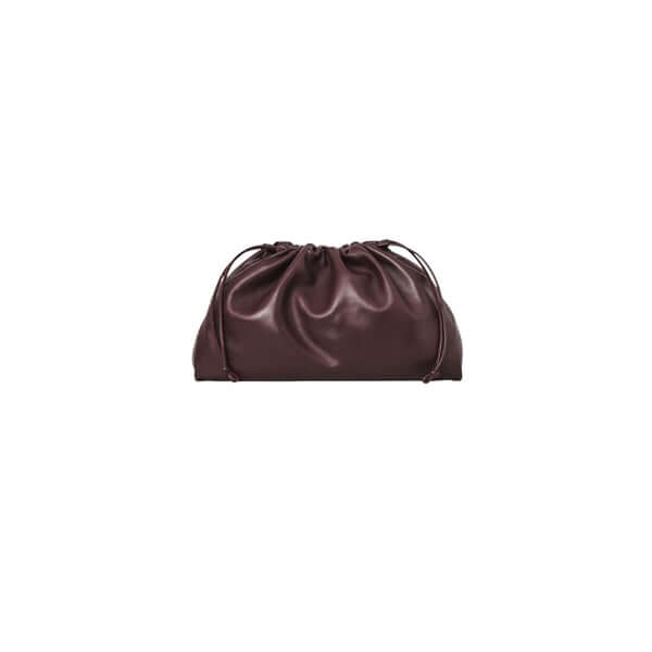 Chic dark brown leather clutch bag with drawstring closure, perfect for elegant evening outings.