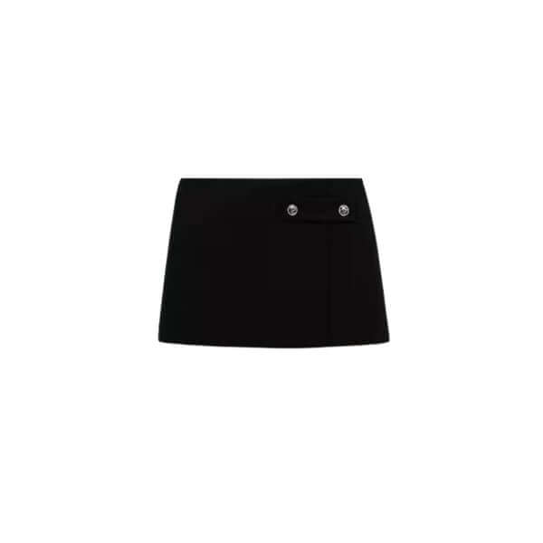 Stylish black mini skirt with button details and sleek design, perfect for casual or dressy occasions.