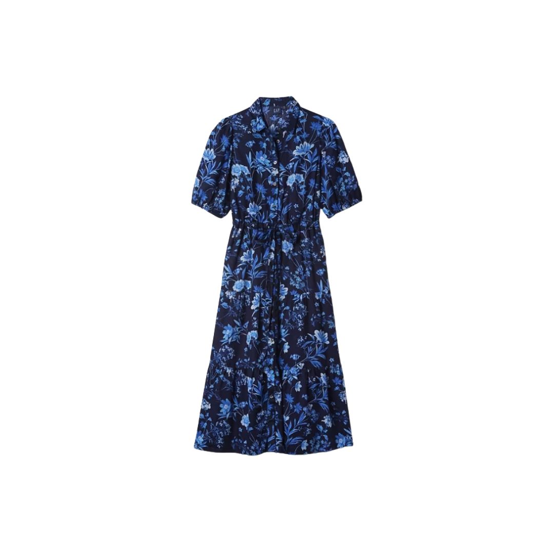 Navy blue floral dress with short sleeves and cinched waist, perfect for casual summer outings.