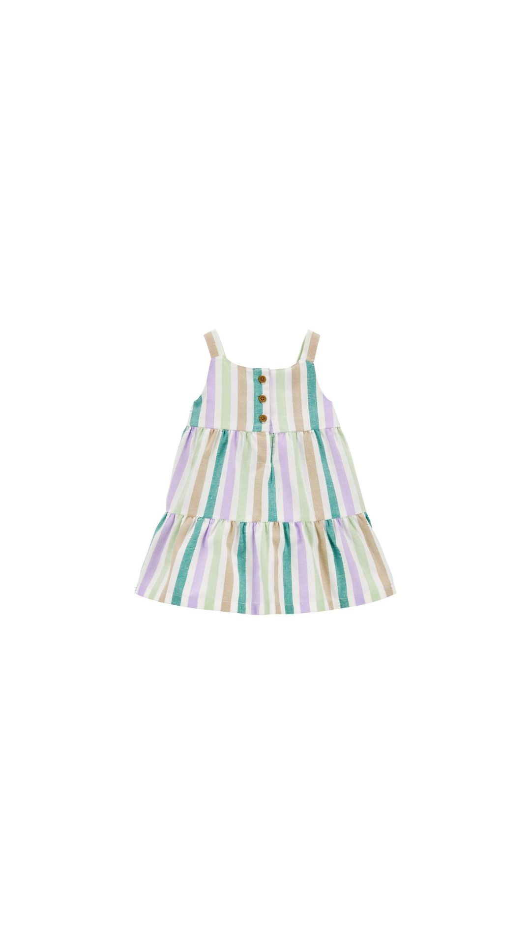Girls' striped dress with buttons and tiered skirt, perfect for summer fashion.