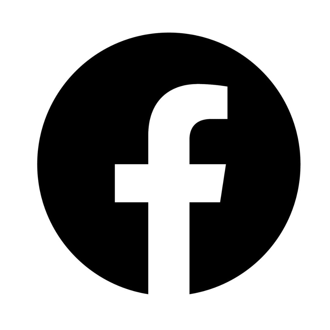 Facebook logo in a black circle representing social media connectivity.