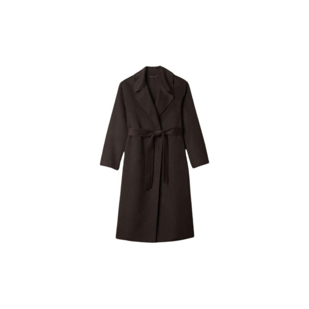 Long dark brown belted coat with a classic lapel and long sleeves, suitable for winter fashion.