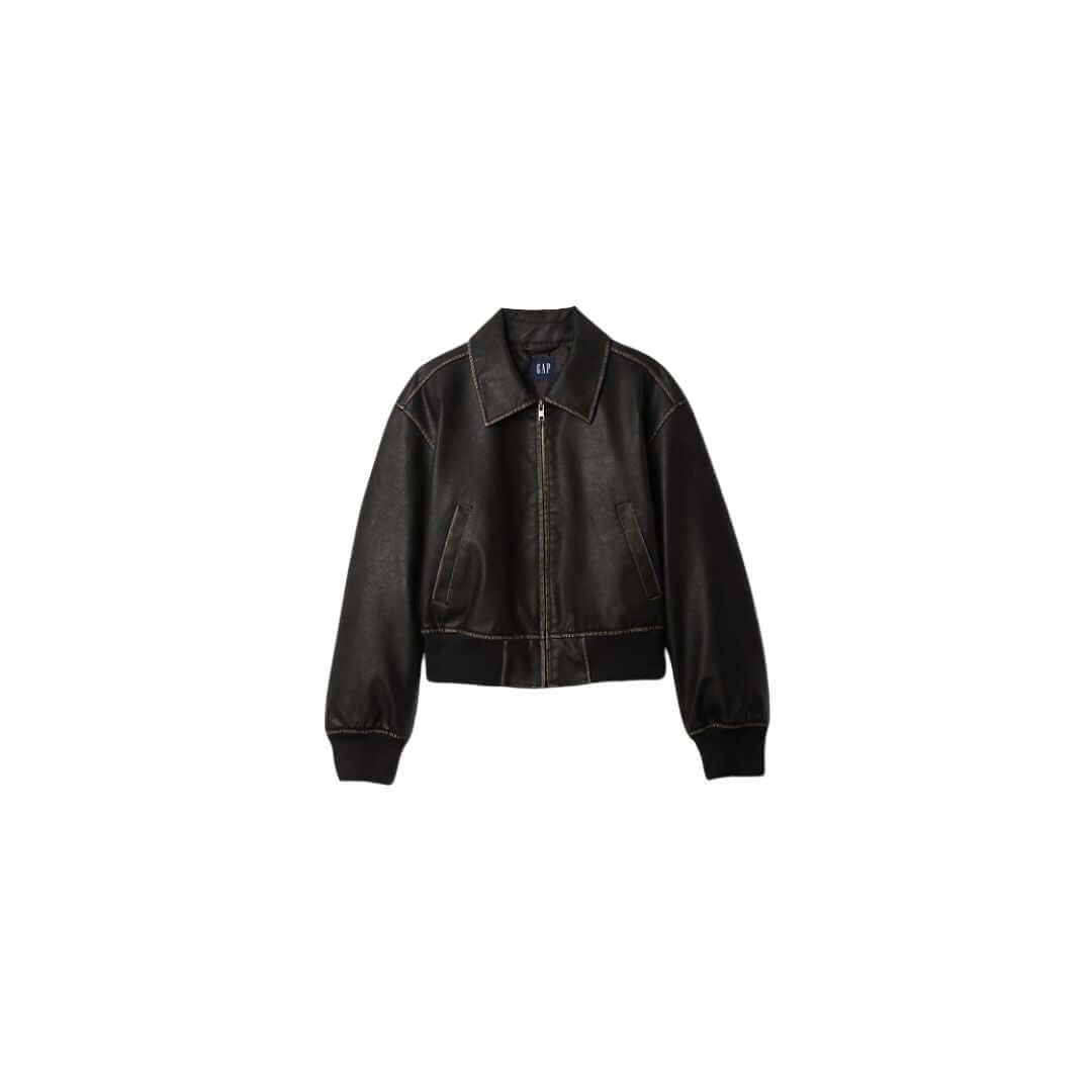 Stylish black bomber jacket with zip closure and ribbed cuffs, perfect for casual wear.