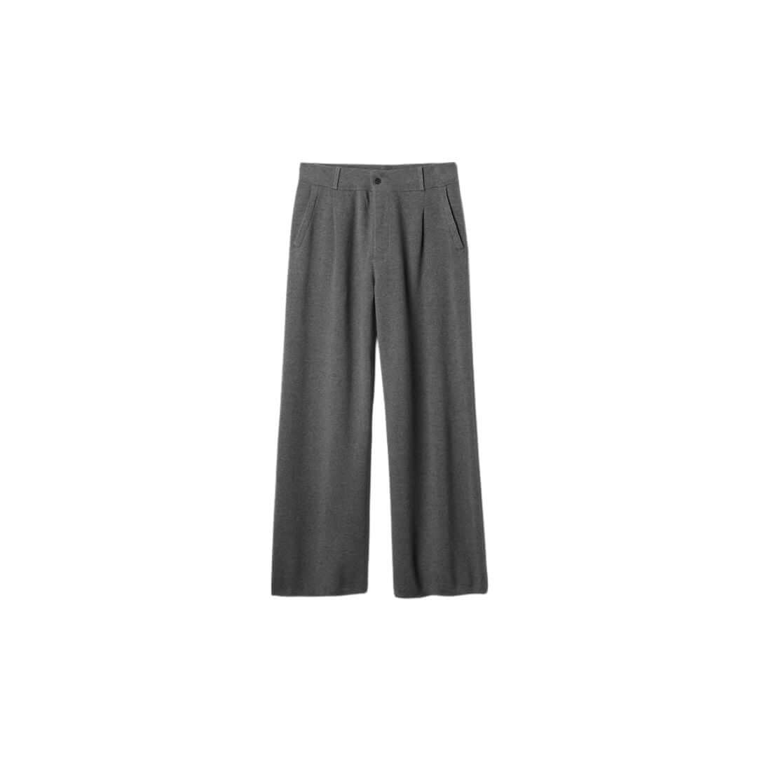 Wide-leg grey trousers styled for comfort and elegance in professional fashion.