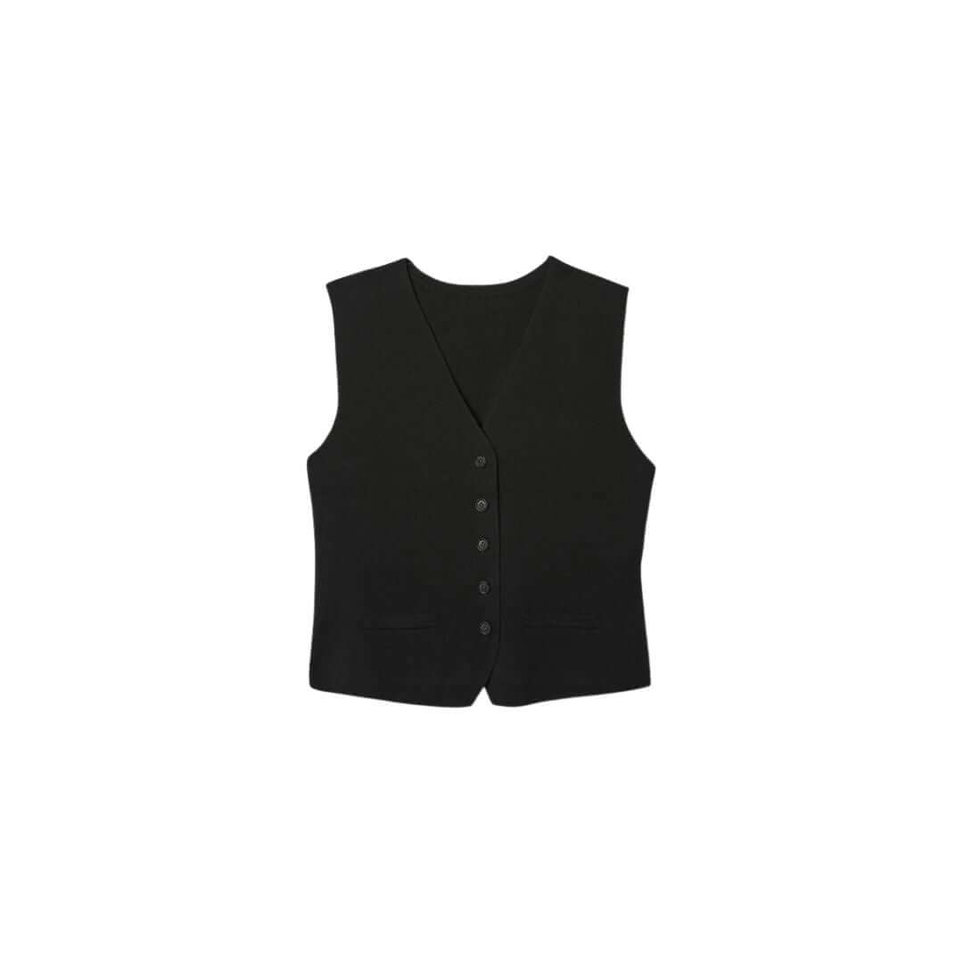 Black vest with buttons, perfect for formal or casual wear, showcasing a classic timeless style.