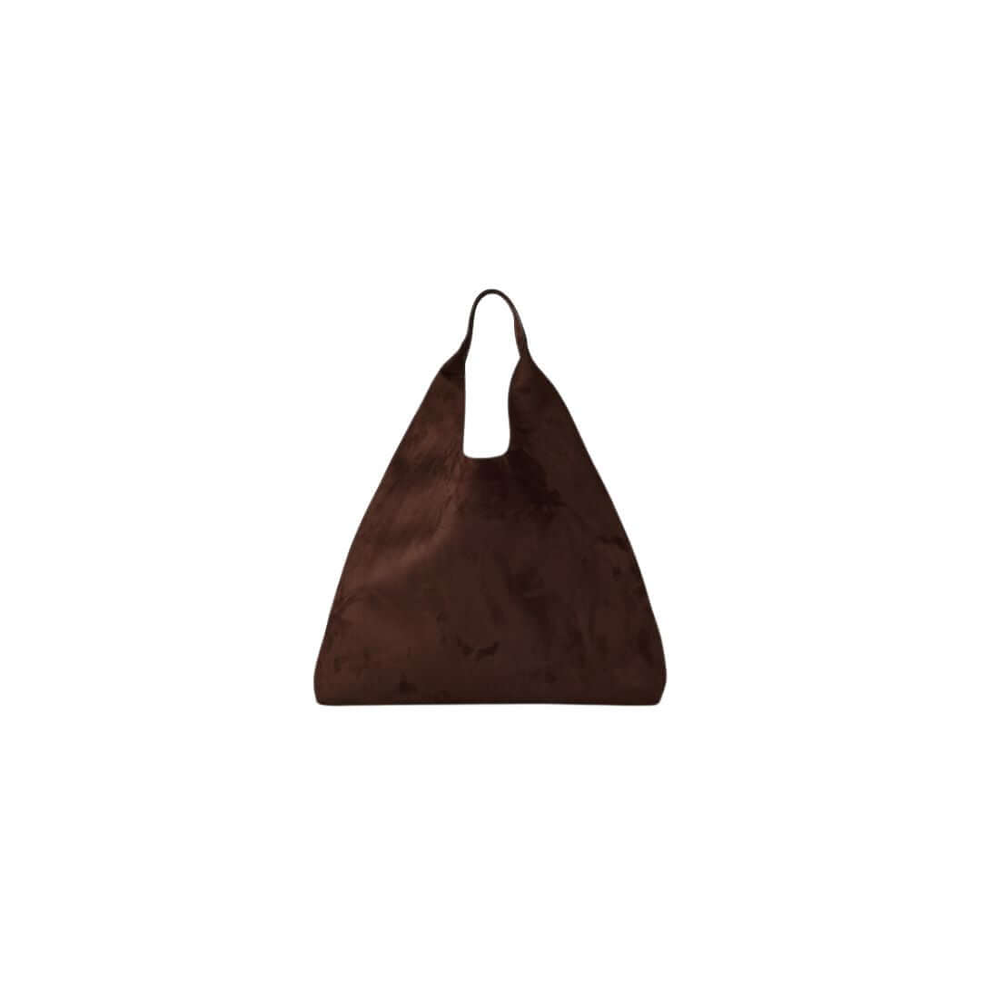 Brown triangular-shaped fashion bag with a unique cutout handle.