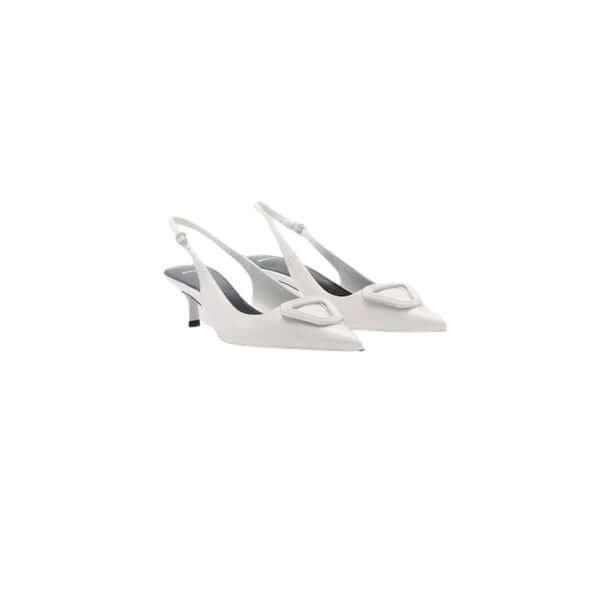 Elegant white slingback heels with pointed toes and stylish embellishments, perfect for formal occasions.