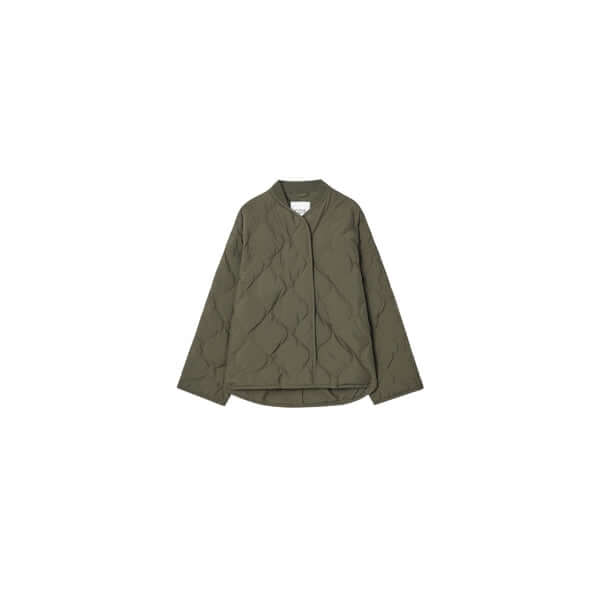 Olive green quilted jacket with a relaxed fit and no closure, perfect for stylish layering in cool weather.