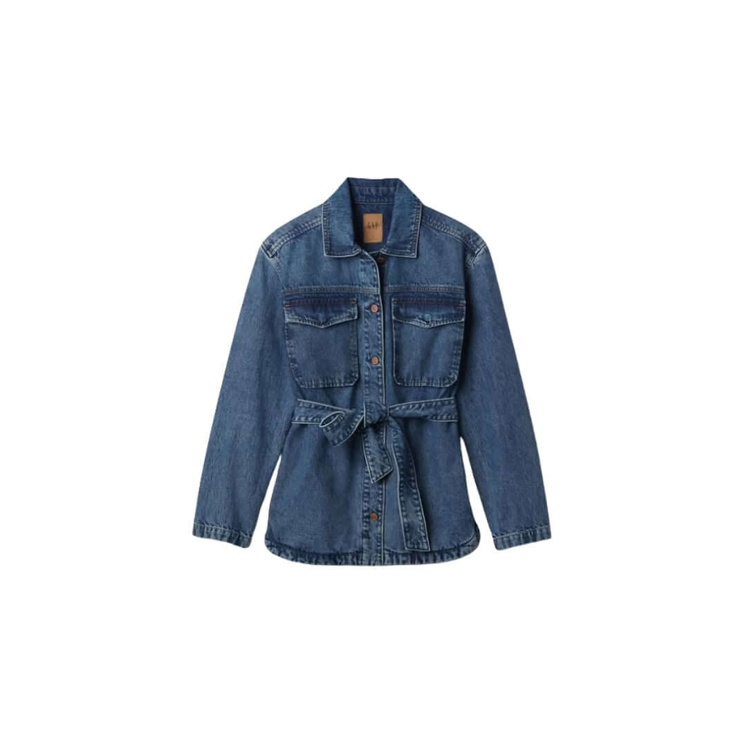Stylish denim jacket with a belted waist, featuring front pockets and a classic collar.