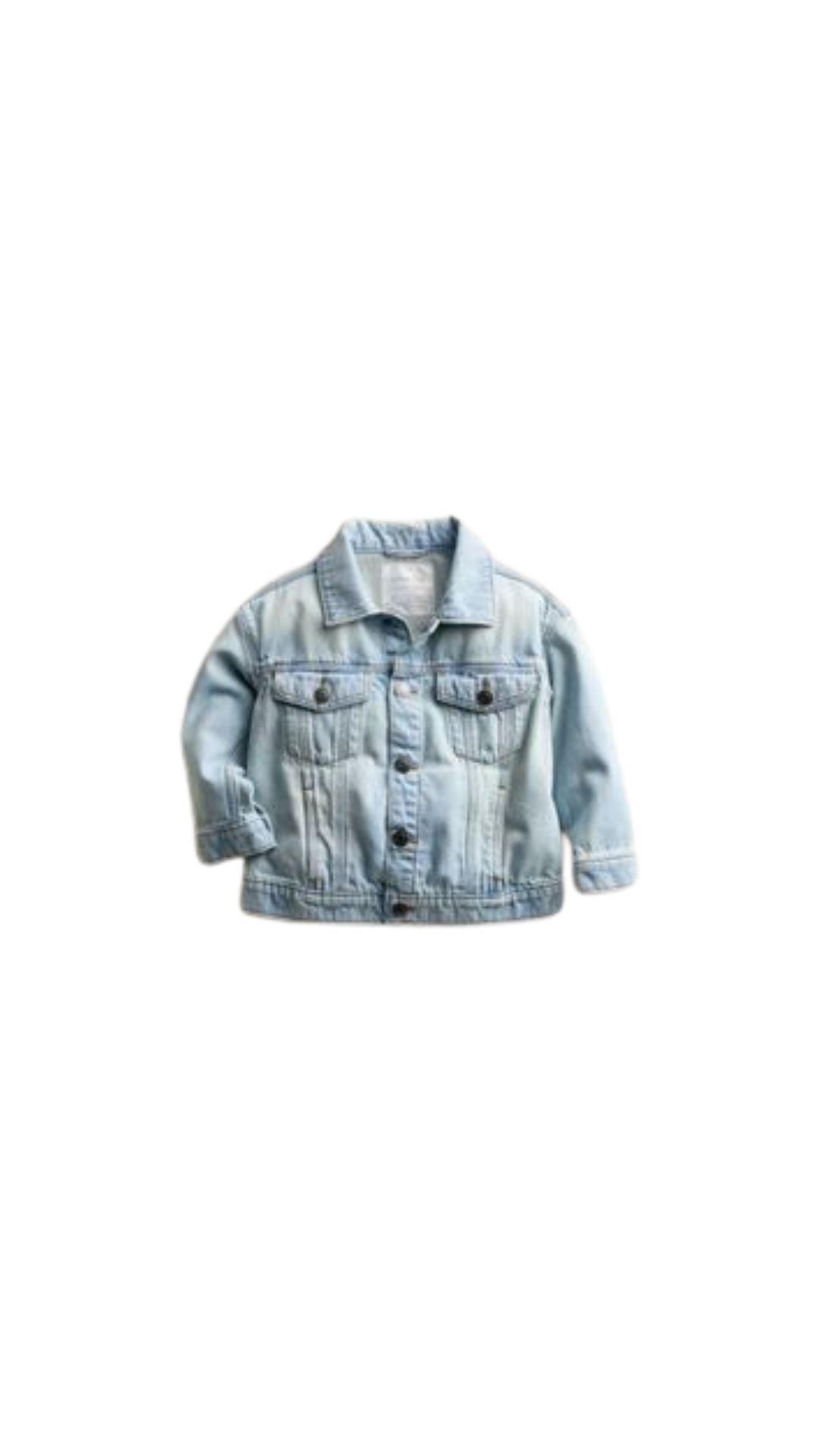 Light blue denim jacket for kids with button closure and pockets.