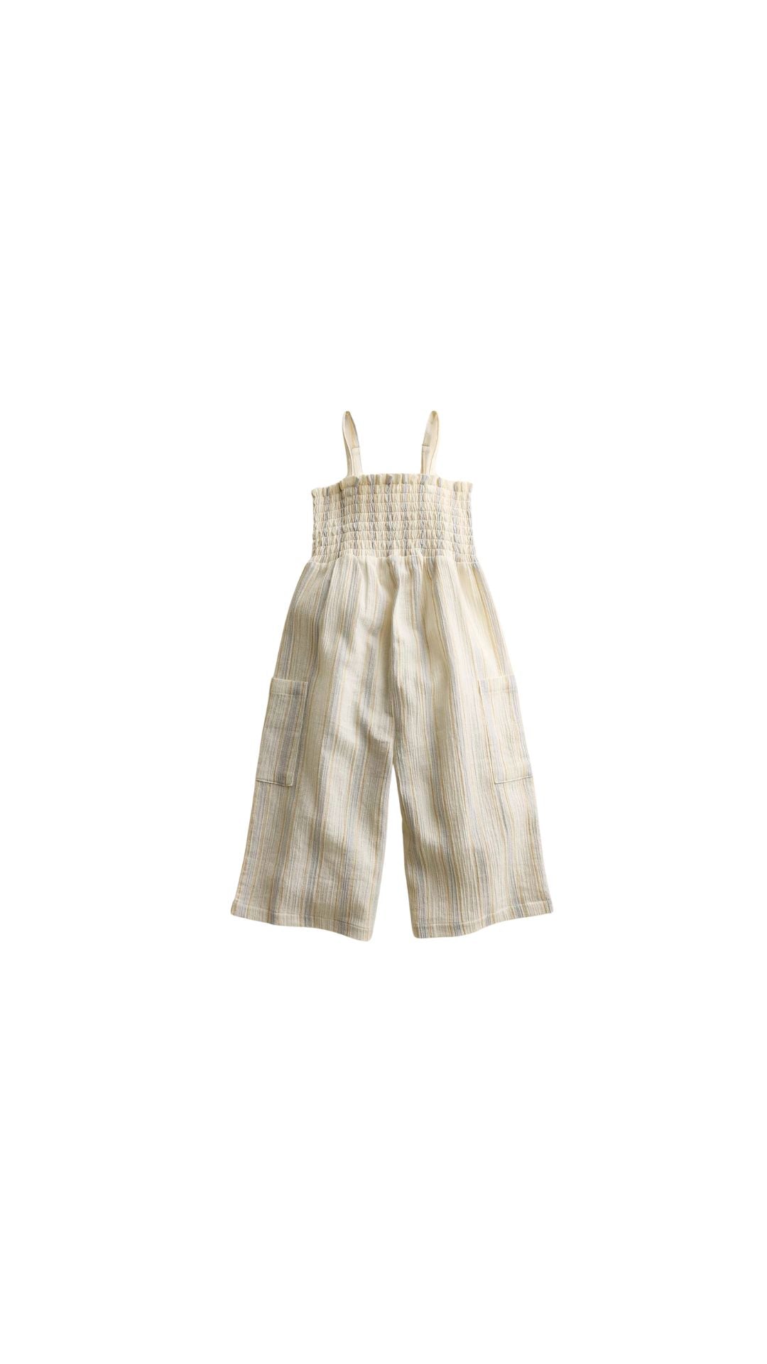 Light striped jumpsuit with adjustable straps and pockets, perfect for casual summer outfits.