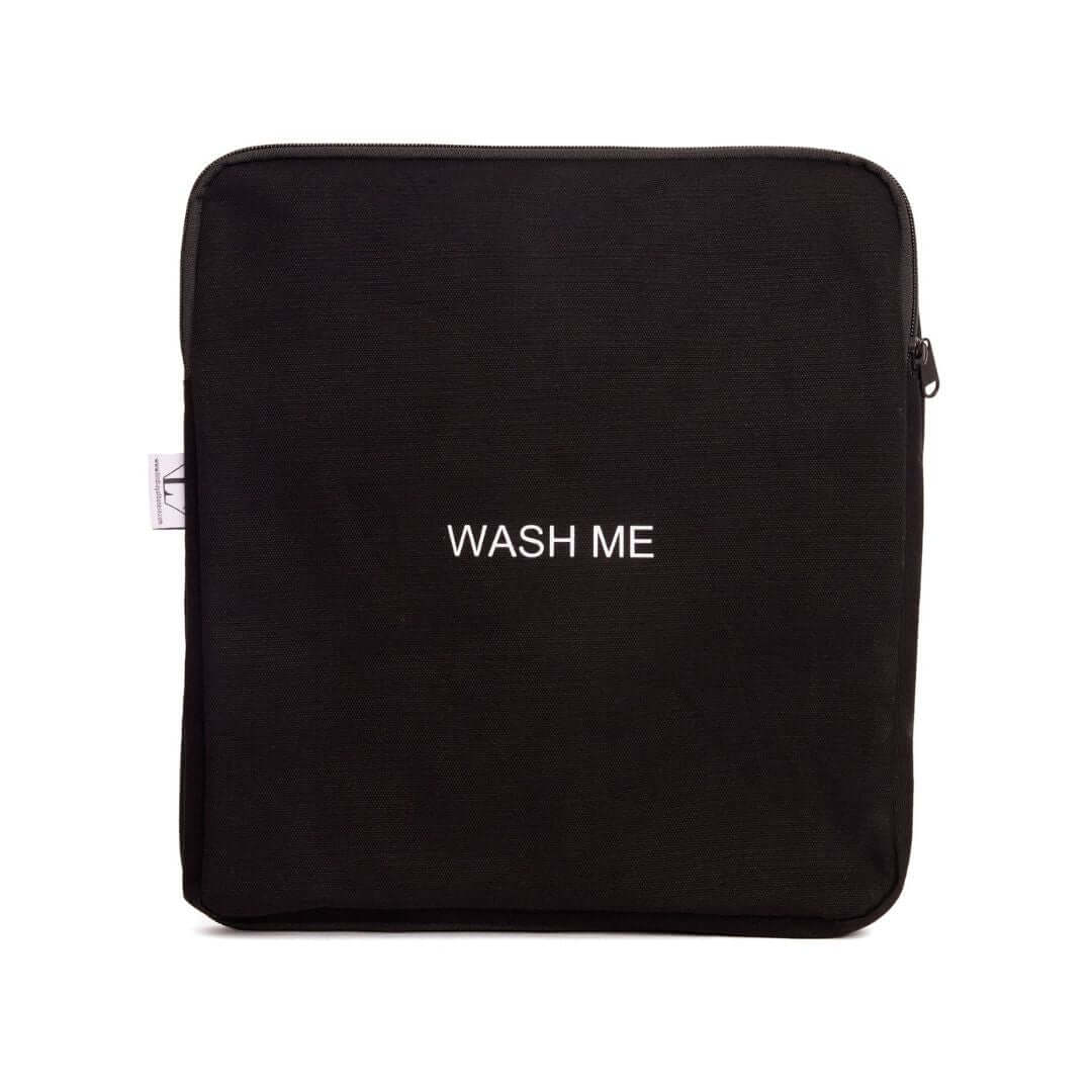 Two-Sided Travel Laundry Bag, Extended Stay, Black Pouch with "Wash Me" Text, Keeps Clean and Dirty Clothes Separate