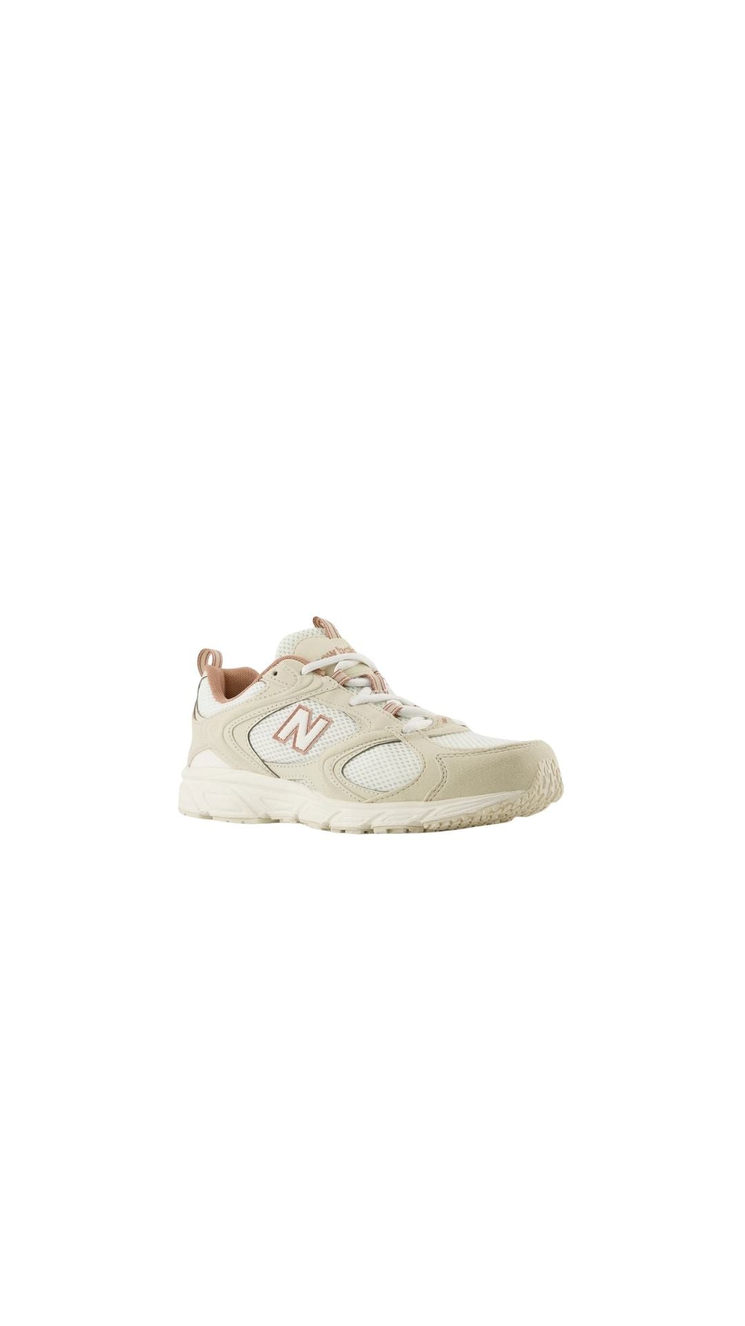 Beige New Balance sneaker with a sporty design and textured detailing, perfect for casual wear and comfort.