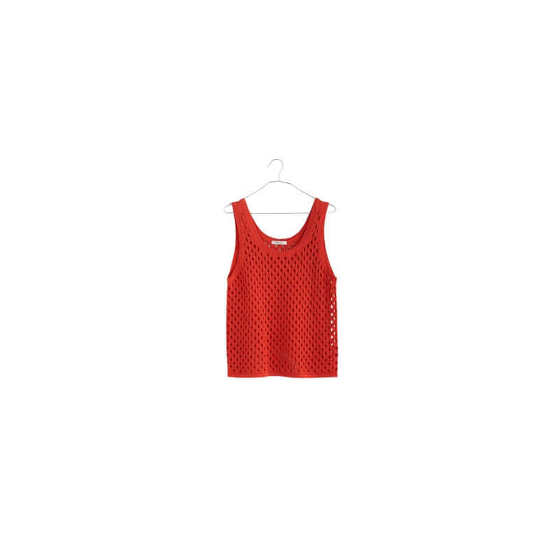 Red mesh tank top hanging on a hanger, perfect for casual summer wear and layering.