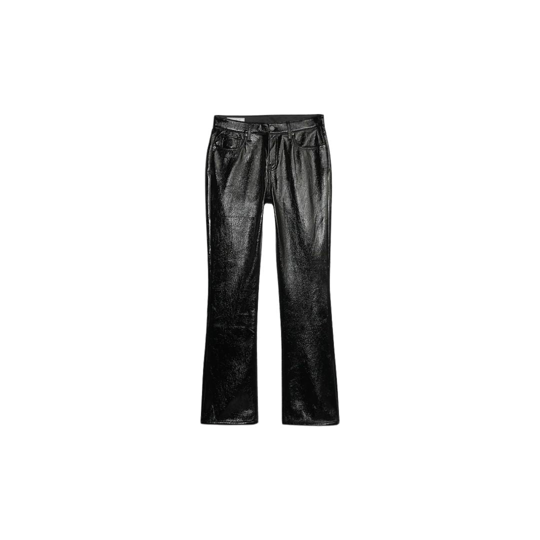 Stylish black leather flared pants for a chic and edgy look, perfect for any fashionable wardrobe.