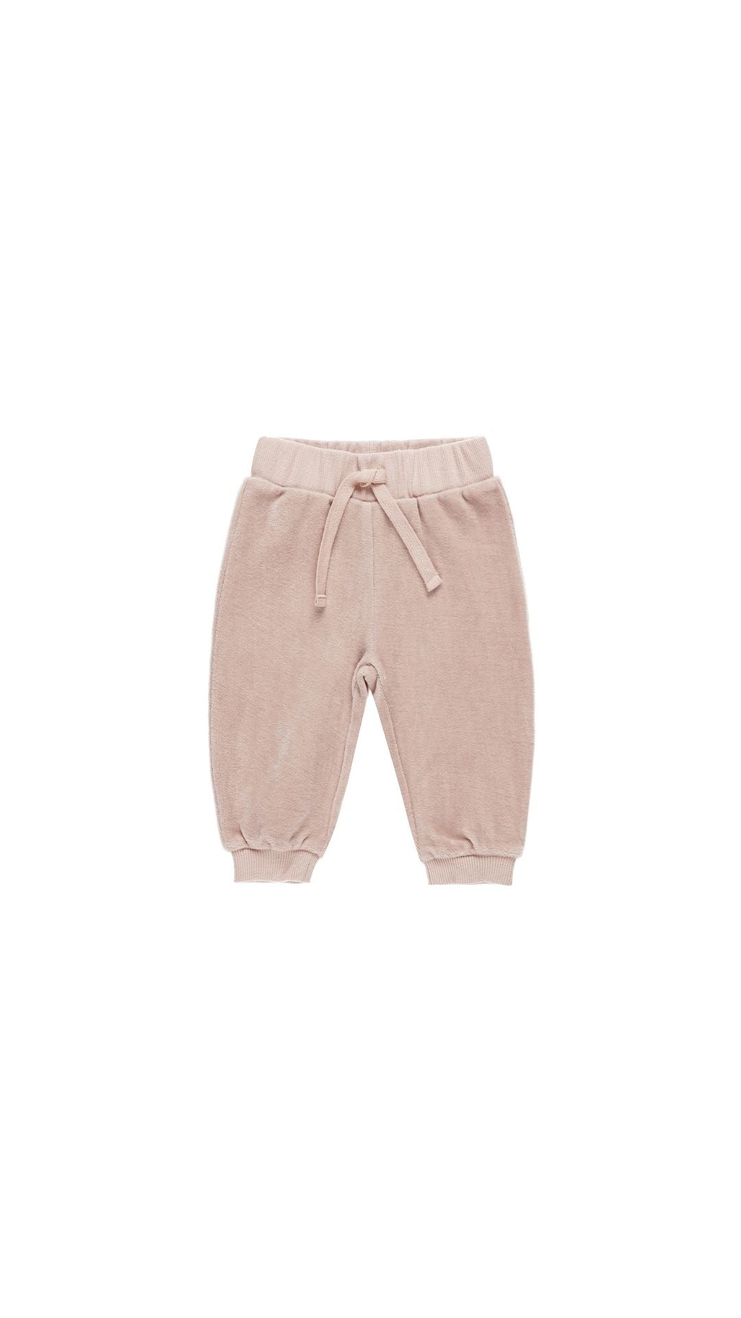 Soft pink toddler pants with adjustable waistband and cuffed ankles, perfect for casual wear.
