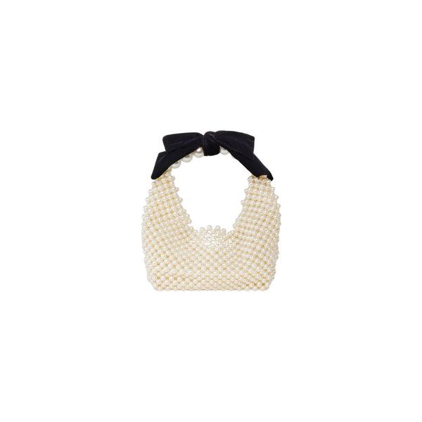 Elegant pearl handbag with a black velvet bow, perfect for chic outings and special occasions.