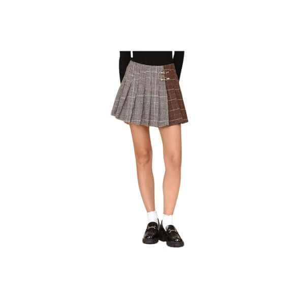 Trendy plaid mini skirt outfit with stylish black loafers and white socks, perfect for casual fall fashion.