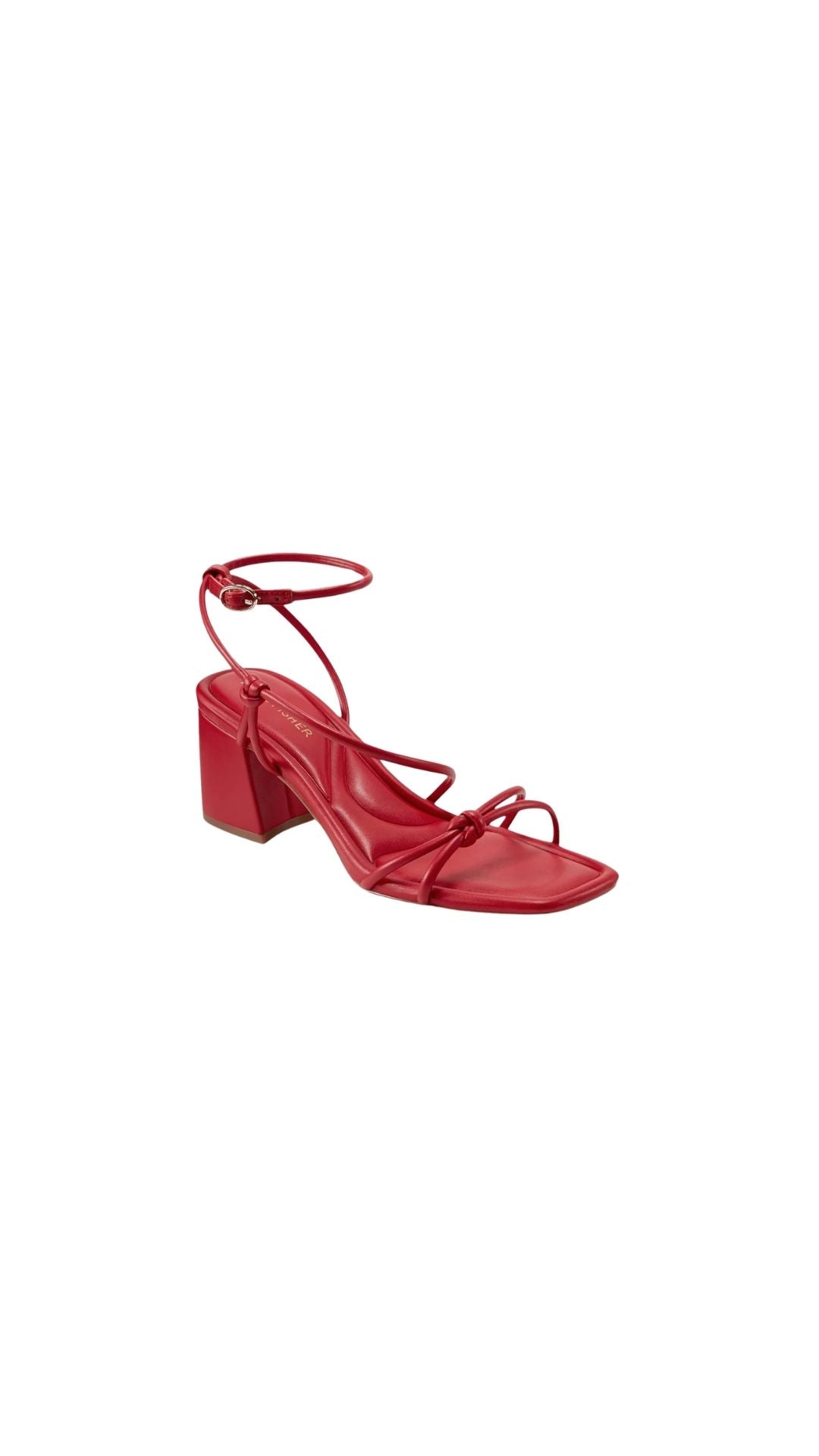 Stylish red heeled sandals with ankle straps, perfect for summer outfits or special occasions.