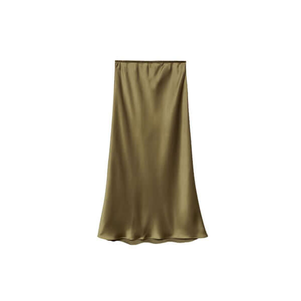 Elegant olive green satin skirt with a flowing design, perfect for versatile styling options.