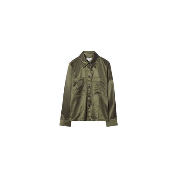 Olive green satin button-up shirt with two front pockets, perfect for casual or dressy outfits.