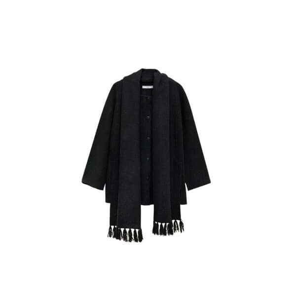 Stylish black coat with a scarf and tassels for a chic autumn or winter look.