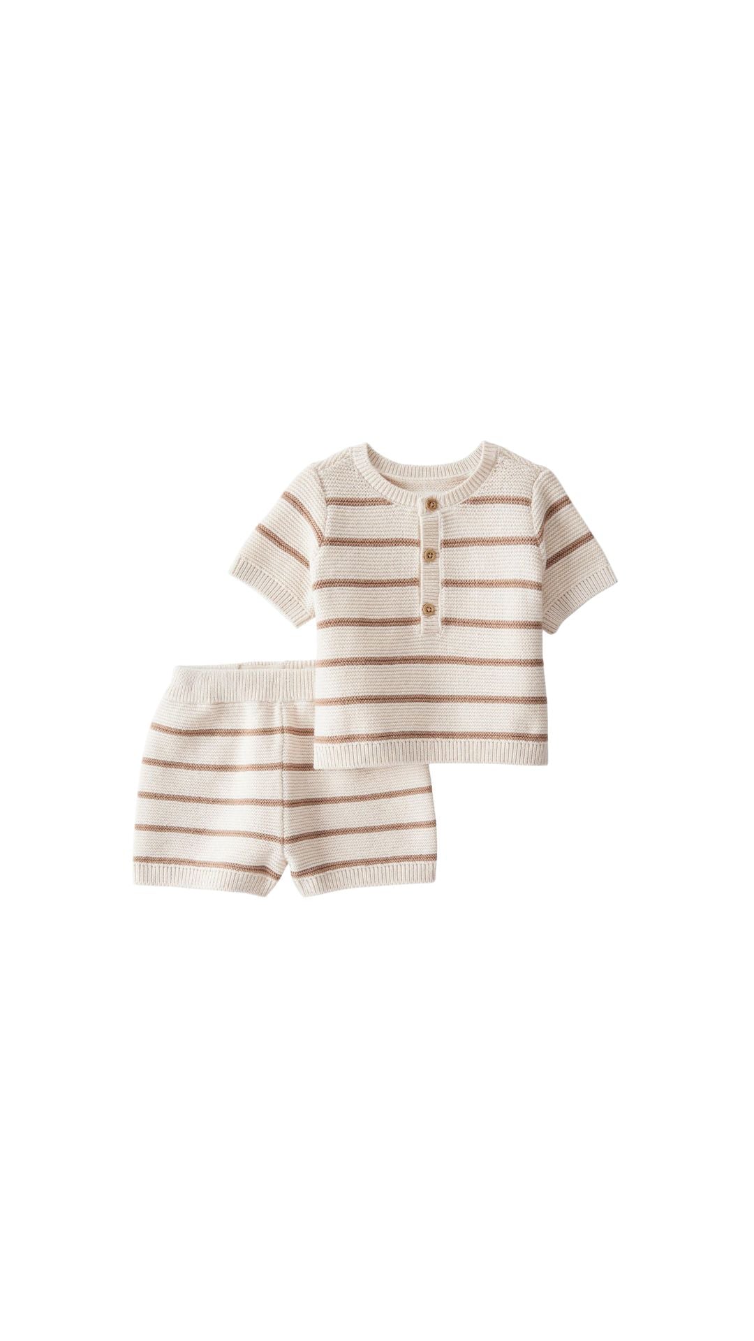 Cute toddler striped short-sleeve shirt and shorts set in neutral colors, perfect for playtime or bedtime.