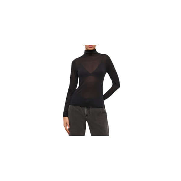 Woman wearing a black sheer long-sleeve turtleneck top paired with dark pants, showcasing a chic fashion style.